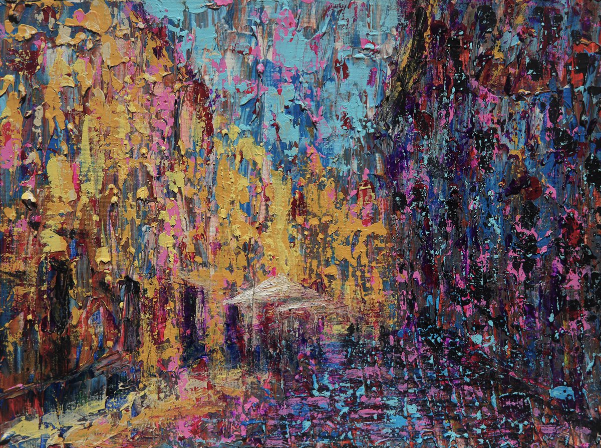 Impressionistic Cityscapes Acrylic Painting By Denys Kuvaiev, 16 X 12, Light And Shadow In The City, Original Artwork