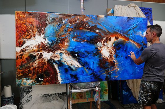 Rusted Blue Sugar 240cm x 120cm Blue Brown Textured Abstract Art