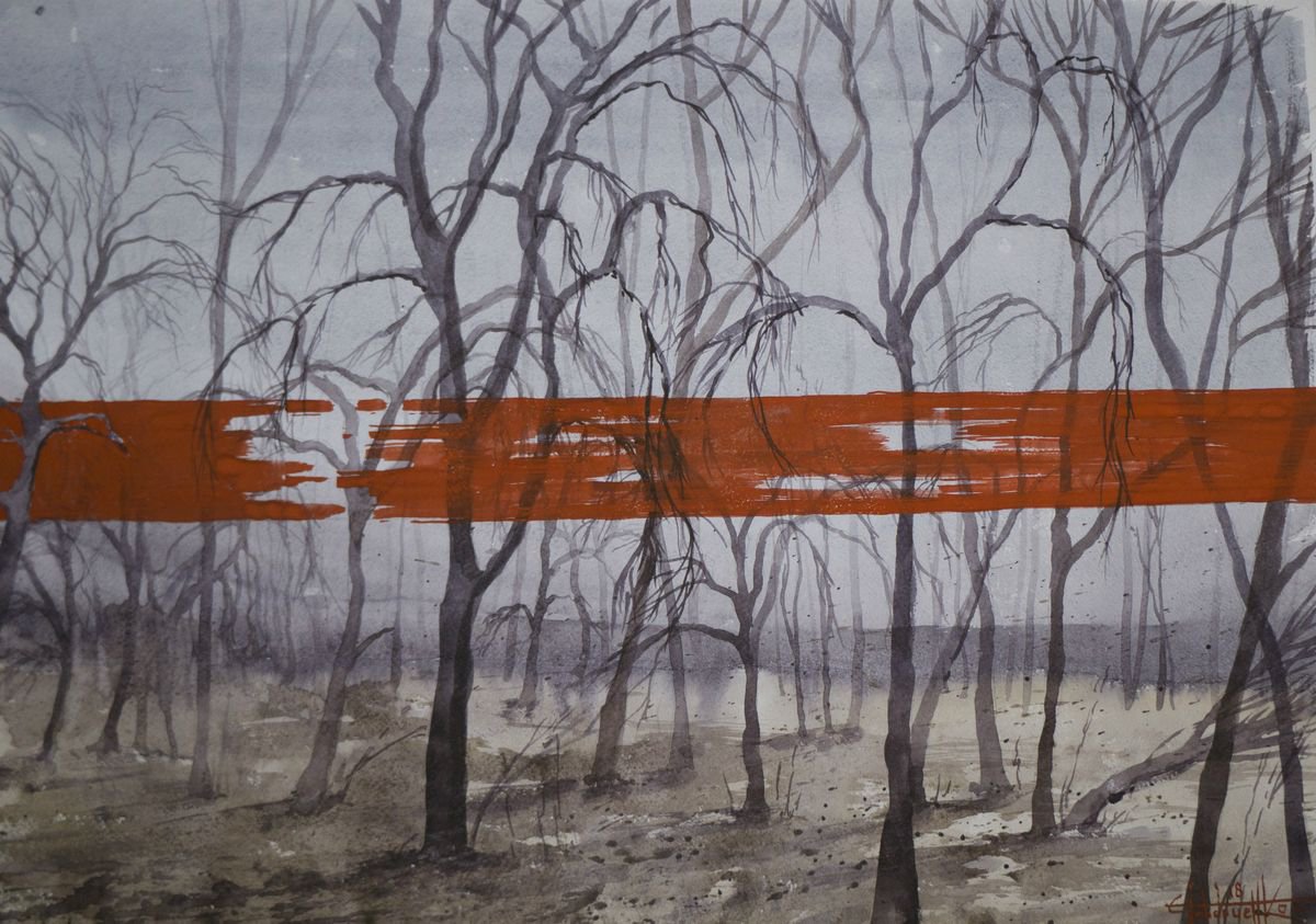 Abstract Watercolour By Eugene Gorbachenko, 24 X 17, Autumn Forest, Original Artwork