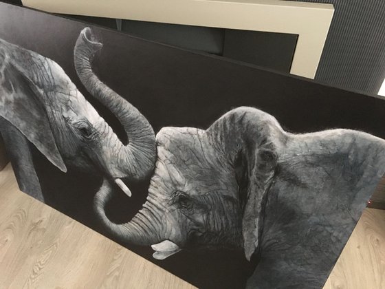 Elephants, blue grey large artwork