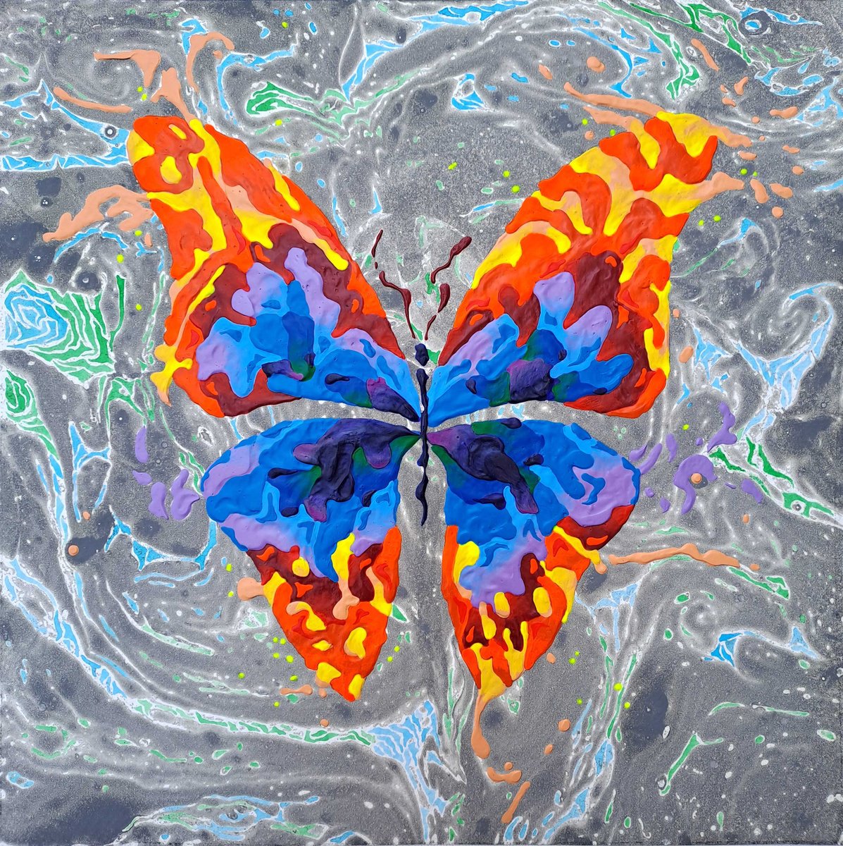 Abstract Animal Acrylic Painting By Mariia Raskin, 10 X 10", Butterfly «Inspiration», Original Artwork