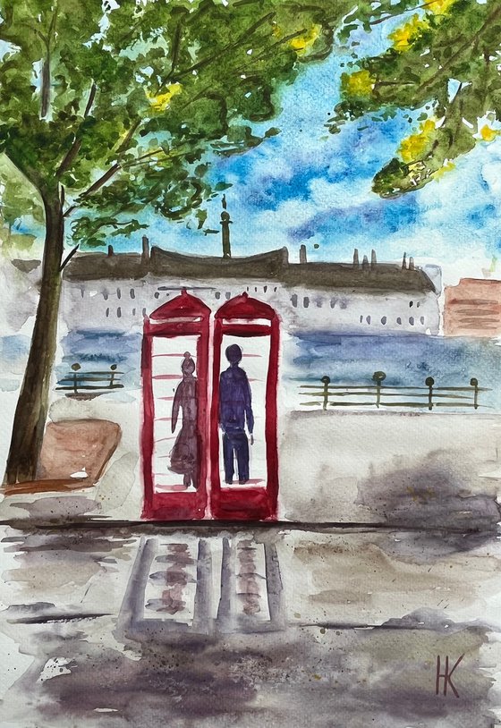 London Painting Couple Original Art Phone Cabin Watercolor Love Story Artwork Cityscape Wall Art 10 b y 14" by Halyna Kirichenko