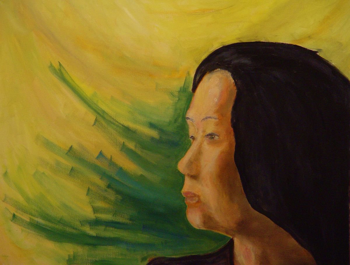 Abstract Portrait Oil Painting By Leon Sarantos, 22 X 18", Pacific Islander, Regal Woman, Original Artwork