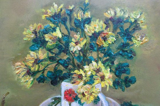 Crysanthemums Floral Impressionism Kitchen Art Household with Coffeecup Spoon Green Yellow Grapes Modern Still Life / Small Oil Painting 8x8in (20x20cm) Restaurant