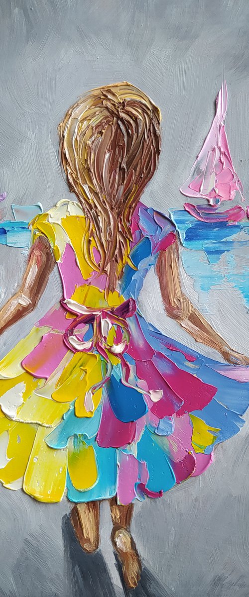 Waiting -  oil painting, love, child, sail, boat, sea, sea and beach, childhood, sea and sky, girl, seascape, children by Anastasia Kozorez