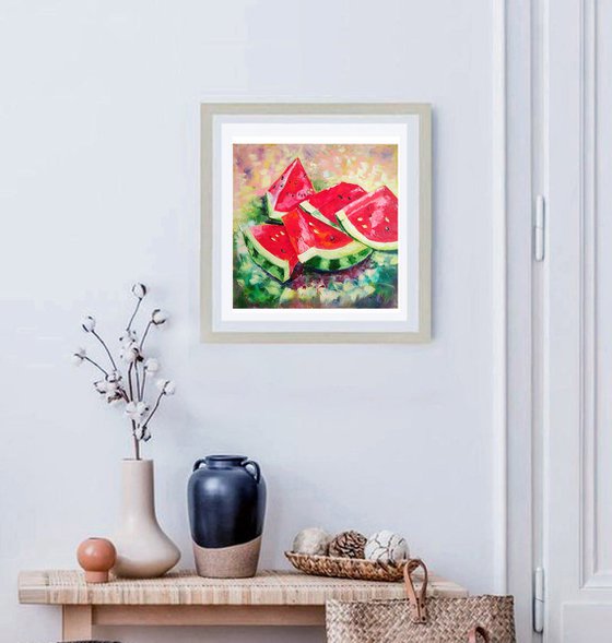 Sugar watermelon, Watermelon Painting Still Life Original Art on Canvas Tropical Fruit Art Abstract Artwork 40*40 cm.