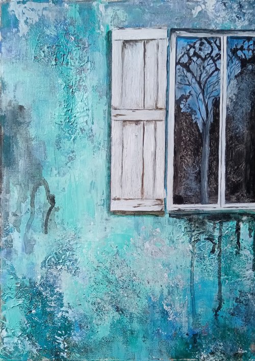 A window in an old turquoise wall by Liubov Samoilova