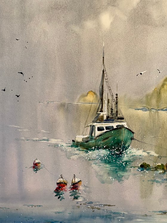 Sold Watercolor “Full moon. Old boat” gift for him