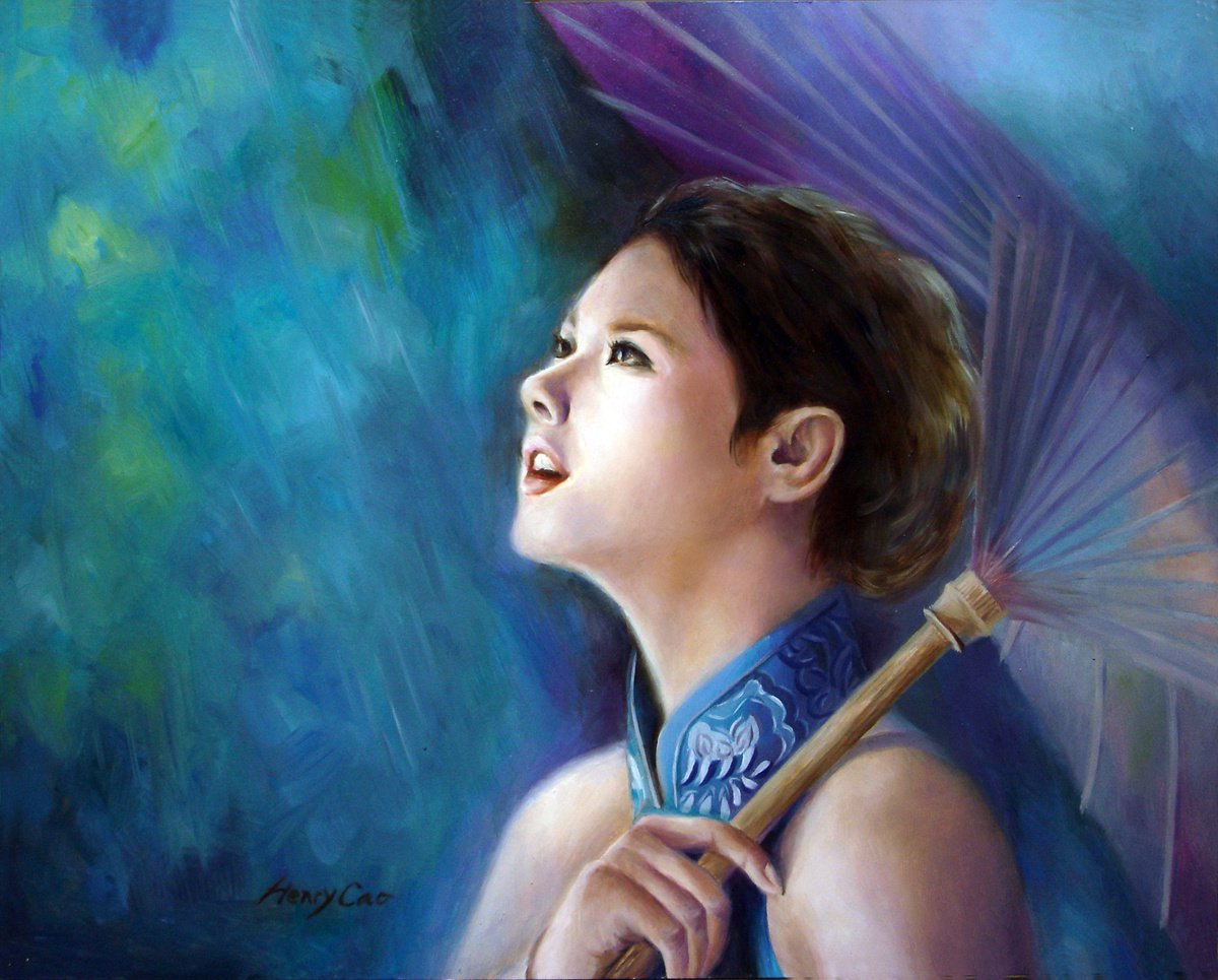 Expressive Portrait Oil Painting By Henry Cao, 20 X 16, Rainy Day, Original Artwork