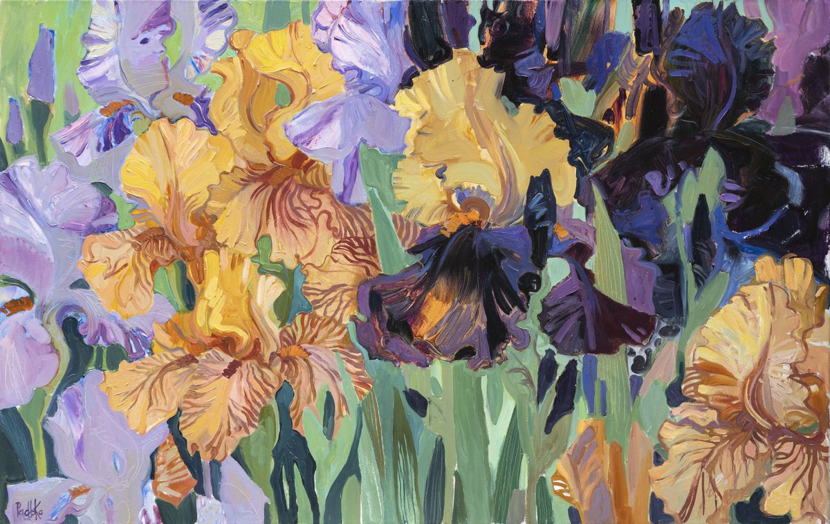 Impressionistic Botanical Oil Painting By Liudmyla Korzh-Radko, 39 X 26", Irises. Beige. Blue. Lilac, Original Artwork
