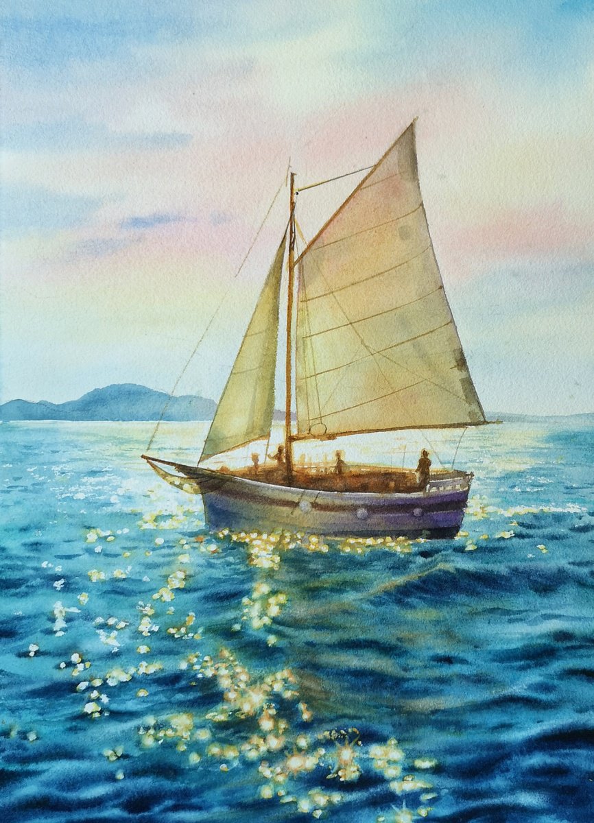 Sailboat in the Sunset - Yacht Art - seascape - sea and sky - yacht - sunset by Olga Beliaeva Watercolour
