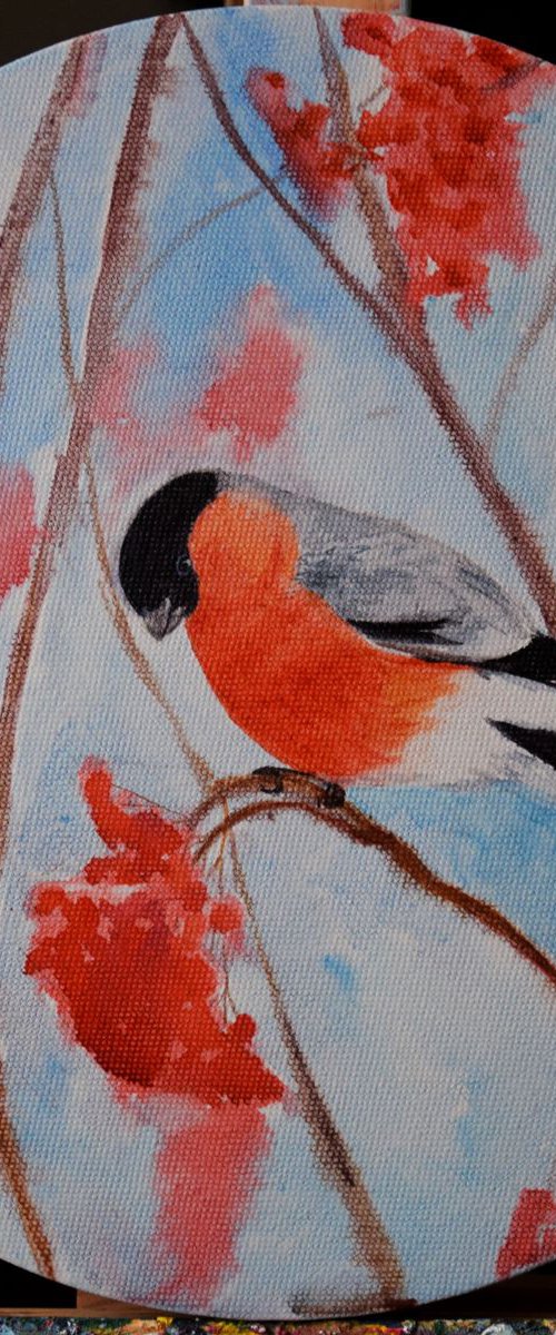 Round watercolor painting on canvas Bird Bullfinch on winter tree by Kate Grishakova