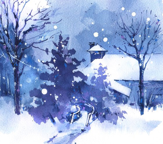 "Let's go listen to the silence" winter landscape in watercolour in blue tones