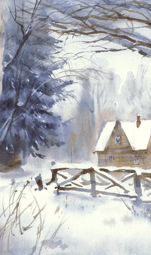 Cottage in the winter forest. Watercolour by Marina Trushnikova. Winterscape, snow landscape, A3 watercolor by Marina Trushnikova