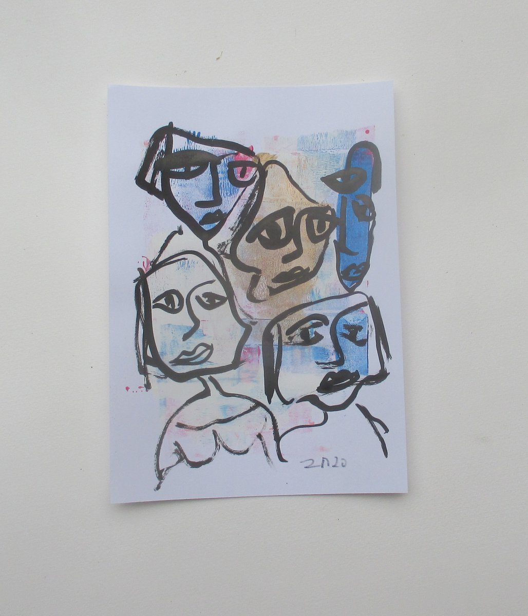 girls portraits in blue 8,2 x 5,9 inch unique mixedmedia drawing by Sonja Zeltner-Muller