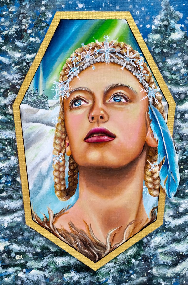 Photorealistic Portrait Acrylic Painting By Saskia Huitema, 11 X 15", Realms Xviii- Northern Lights, Original Artwork