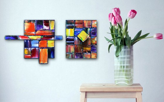 "Reaching Out For You" - FREE USA SHIPPING - Original Diptych PMS Mixed Media Sculptural Paintings On Wood - 23 x 11 inches