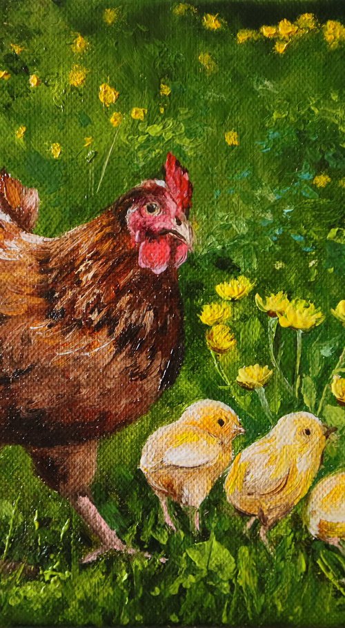 Mother Hen and Baby Chicks, Animal Artwork, Barnyard, Farm Life by Natalia Shaykina