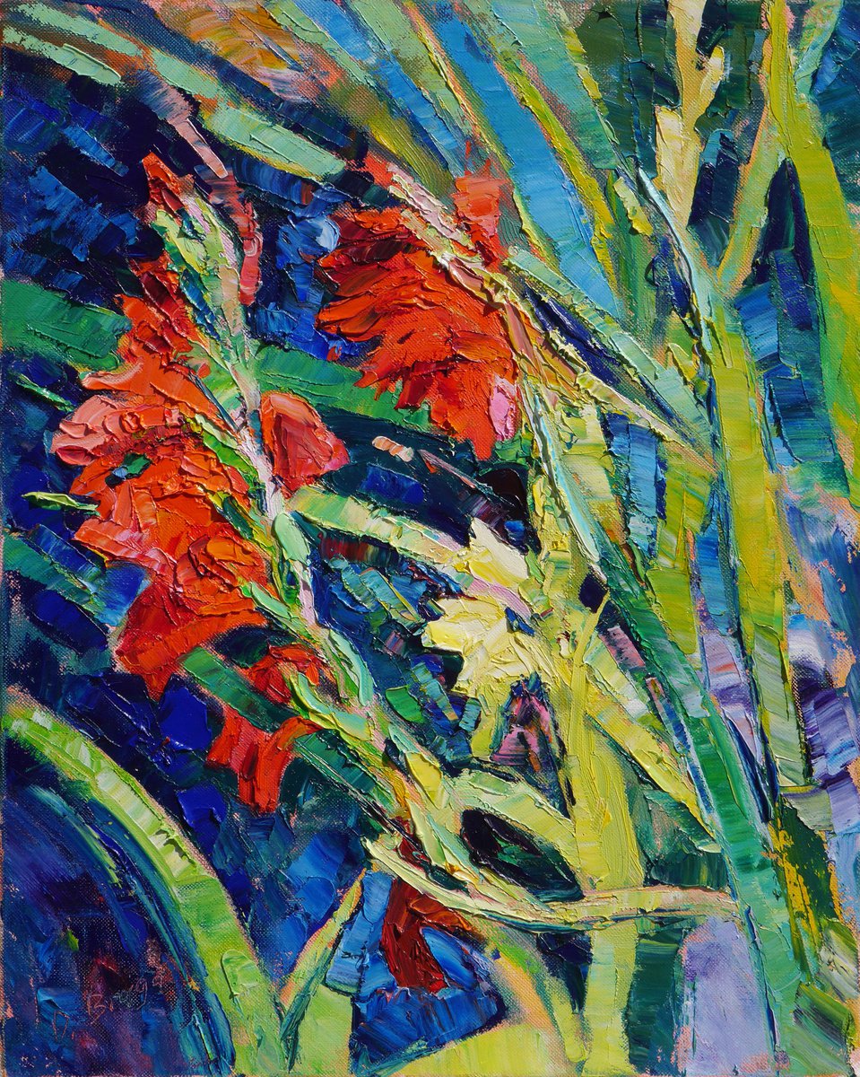 Expressive Botanical Oil Painting By Dima Braga, 16 X 20, Gladiolas (Palette Knife), Original Artwork