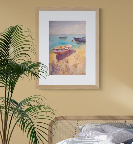 A walk on the Lanzarote shore | Original watercolor painting (2019) Hand-painted Art Small Artist | Mediterranean Europe Impressionistic