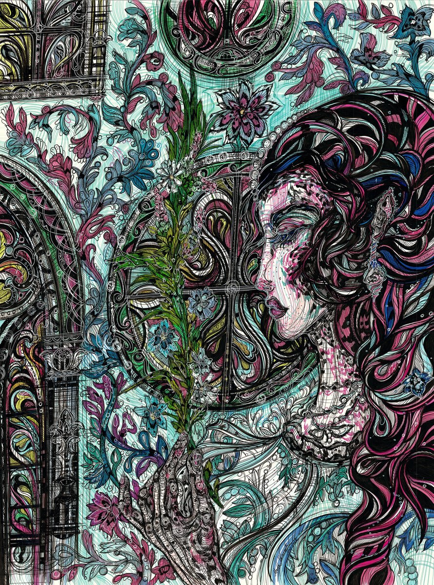 Impressionistic Portrait Drawing By Maria Susarenko, 25 X 32", Glass Flower, Original Artwork