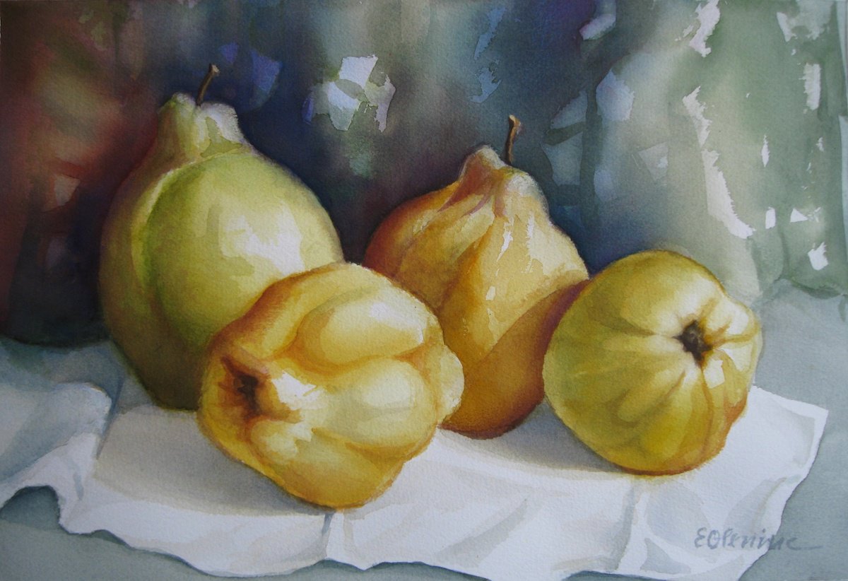 Impressionistic Still Life Watercolour By Elena Oleniuc, 16 X 11, Still Life With Quinces, Original Artwork