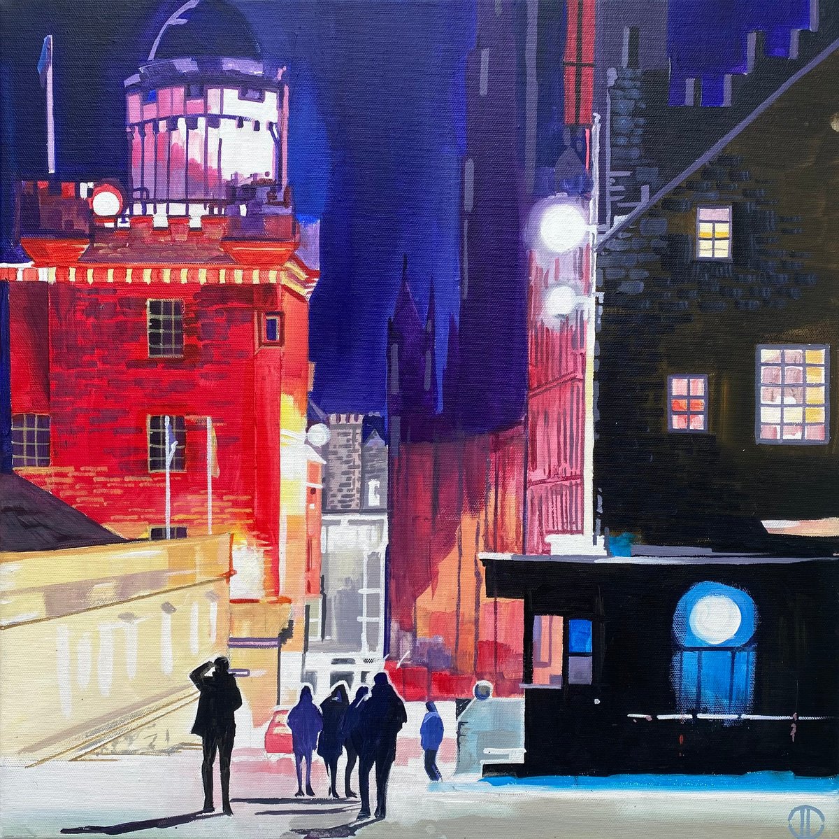 Impressionistic Cityscapes Acrylic Painting By Joseph Lynch, 20 X 20, Winter Night On The Royal Mile, Original Artwork