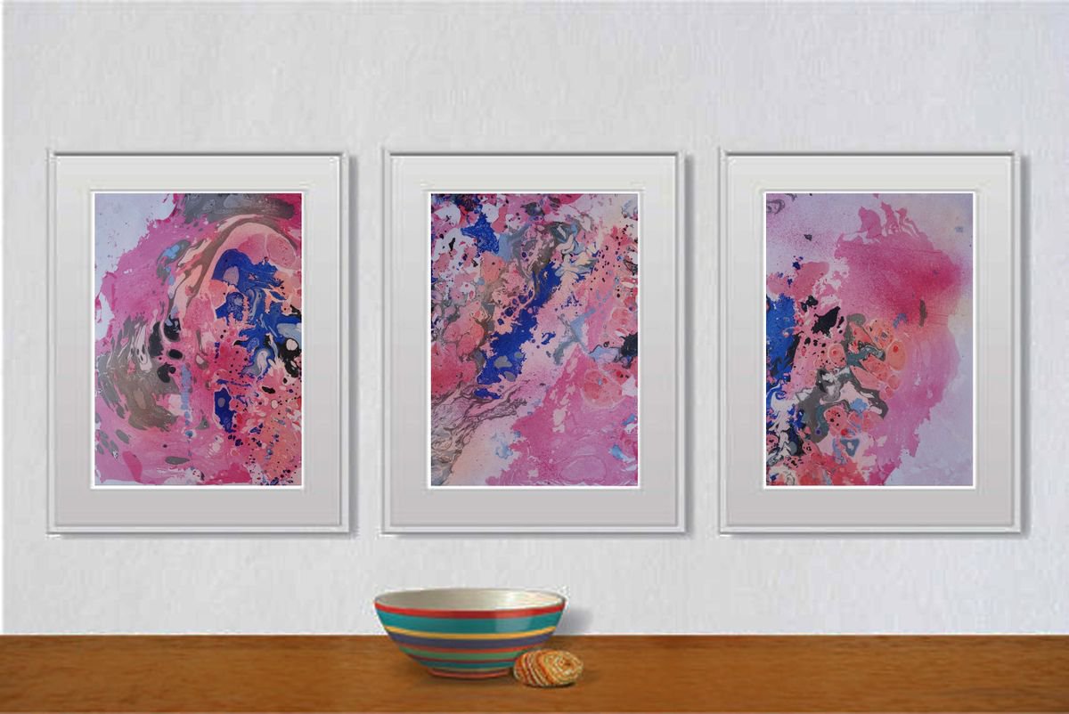 Set of 3 Fluid abstract original paintings on paper A4 - 18J009 by Kuebler