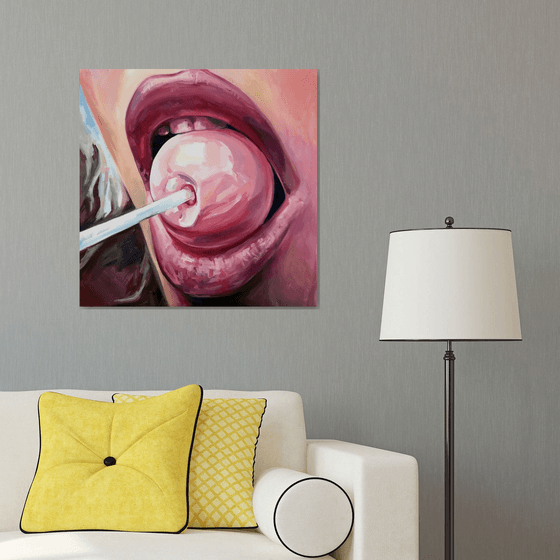 CHUPA CHUPS - original oil painting, pink, lips, gift, home decor, office decor, wall art,