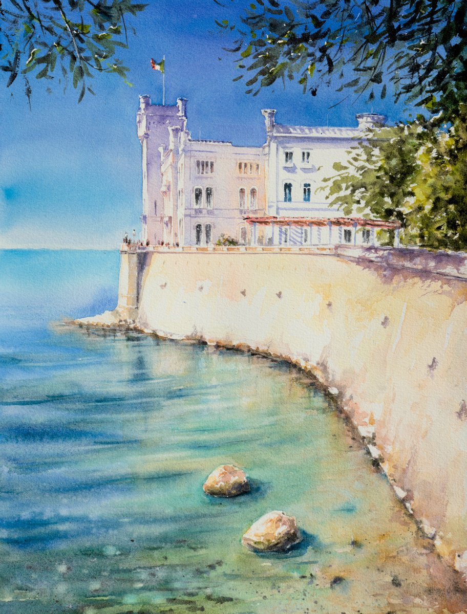 Impressionistic Cityscapes Watercolour By Eve Mazur, 12 X 16, Miramare Castle, Original Artwork