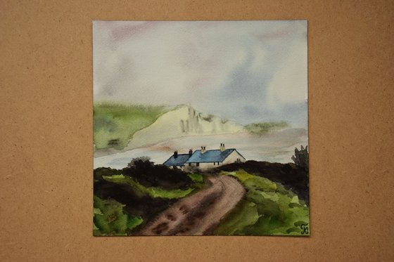 England rainy landscape original watercolor painting, Seascape with houses