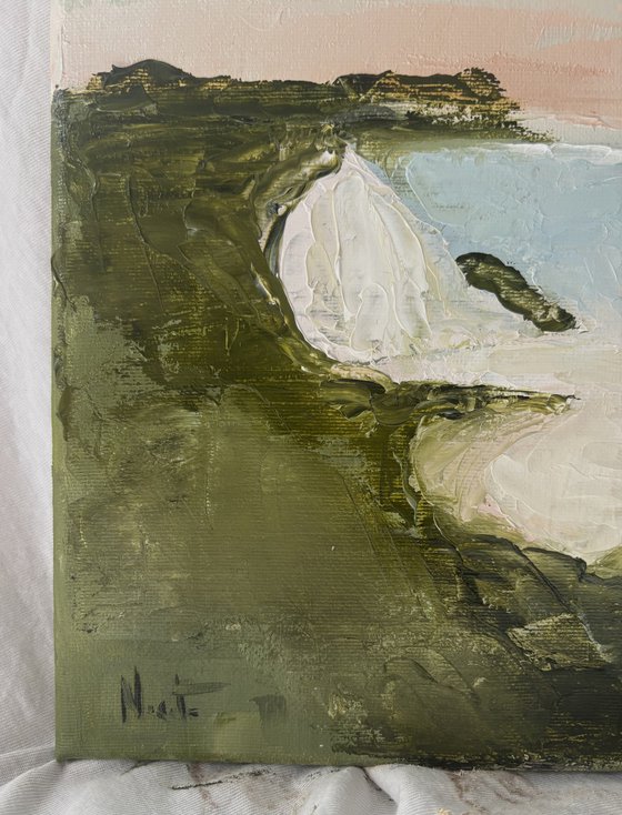 Impasto abstract seascape cliffs calm.