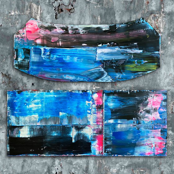 Sturm Und Drang - Original PMS Abstract Acrylic Painting Diptych On Recycled Wood and Wooden Desk Panels - 48" x 40"