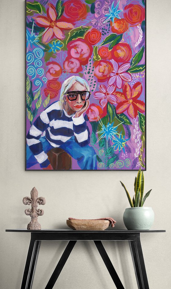 Very Peri Girl with Flowers Abstract Giclée print on Canvas - Limited Edition of 25 Print