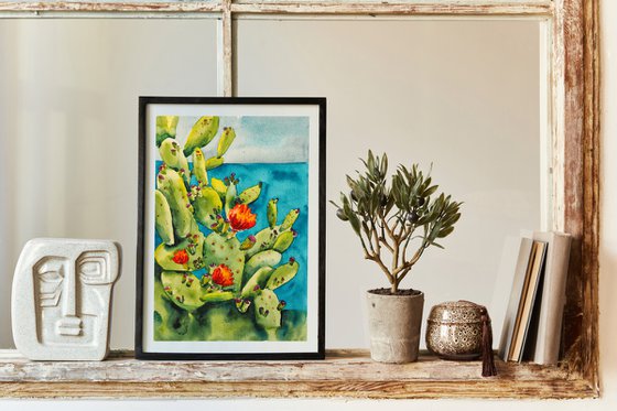 Opuntia - meditterianean seascape original watercolor