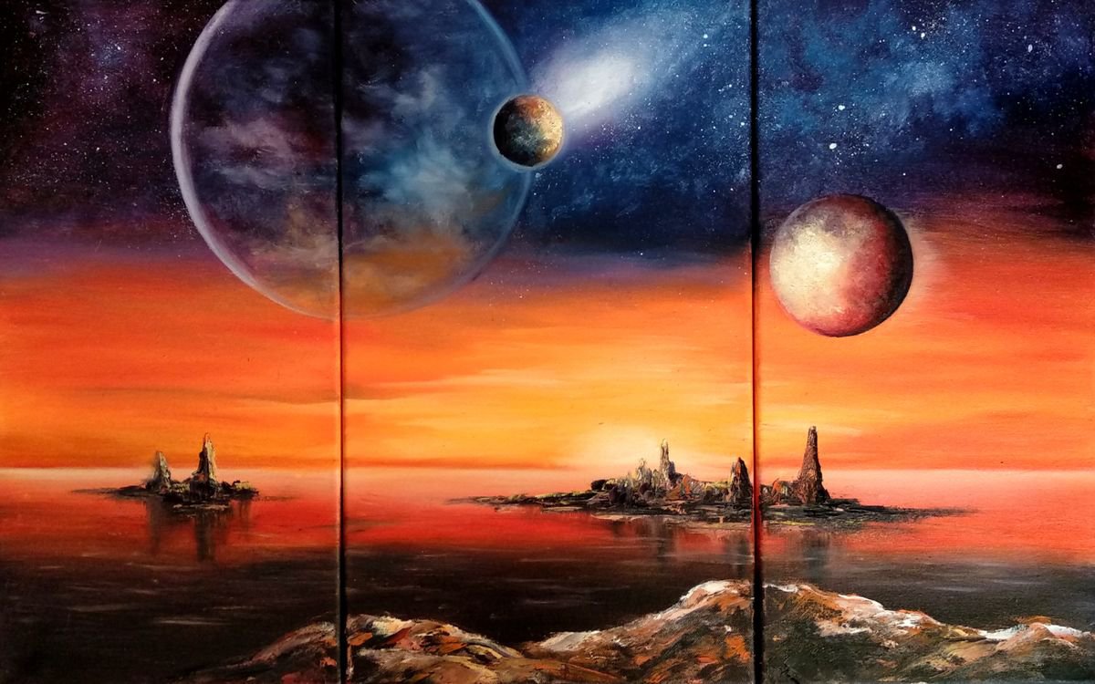 Galaxy Universe Stars Planets Triptych Set of 3 paintings by Anastasia Art Line