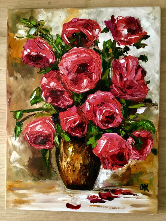 BOUQUET OF RED ROSES  palette knife modern red pink still life  flowers Dutch style office home decor gift