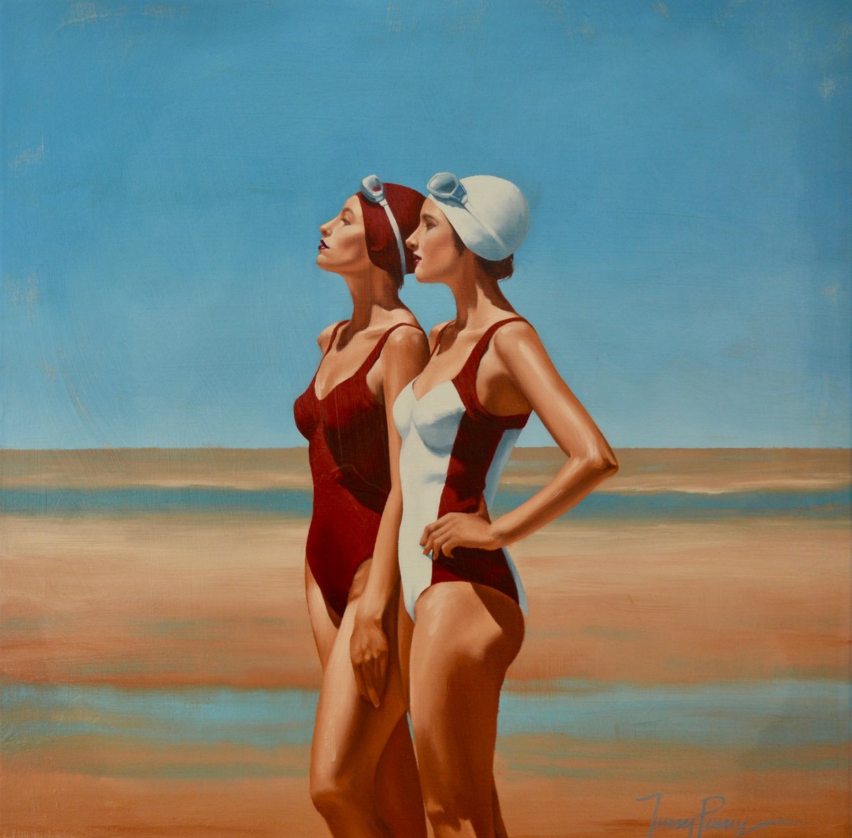 Impressionistic Portrait Oil Painting By Johnny Popkess, 20 X 20, Sentinels - In Burgundy, Original Artwork