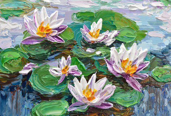 Water Lilies Pond - Impasto Floral Art, Palette Knife Painting