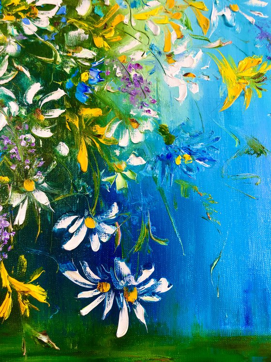 FLOWER BALL - Set of daisies. Multicolored. Small. Cheerful diptych. Summer. Wildflowers. Fleeting.