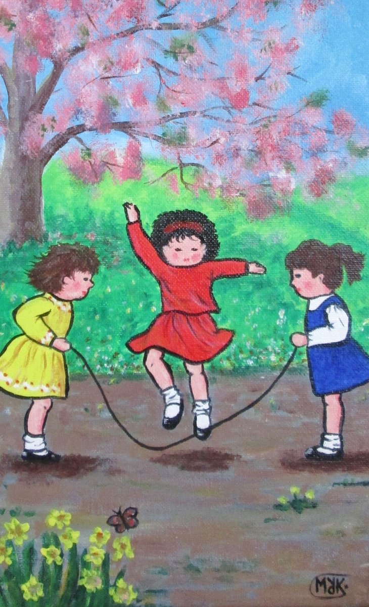 Naive Portrait Acrylic Painting By Marjansart, 8 X 20", Jump Into Spring, Original Artwork