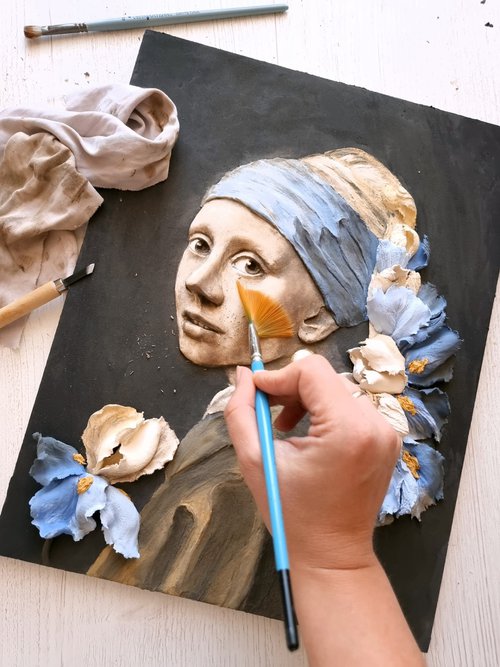 A Girl With a Pearl Earring And Irises / bas-relief with portrait and flowers /Based on Vermeer by Irina Stepanova