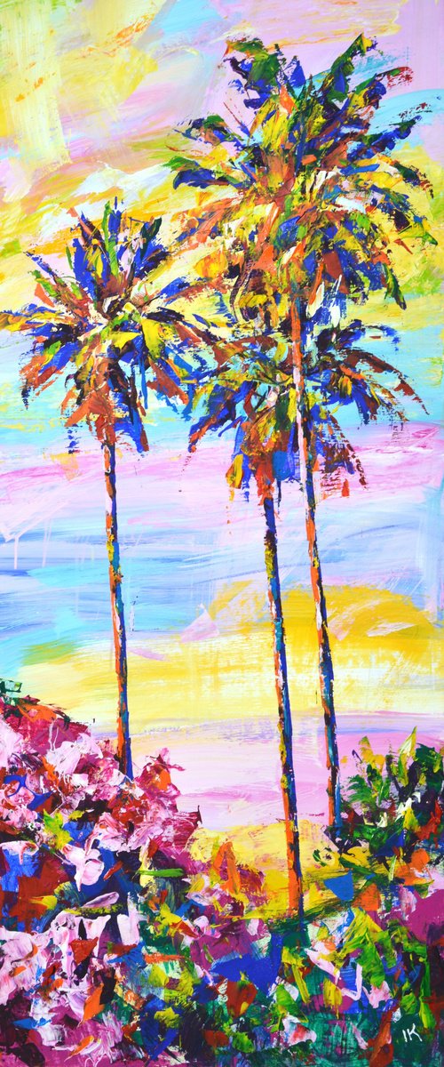 Expressive Landscape Acrylic Painting By Iryna Kastsova, 24 X 55, Palm Trees 9., Original Artwork