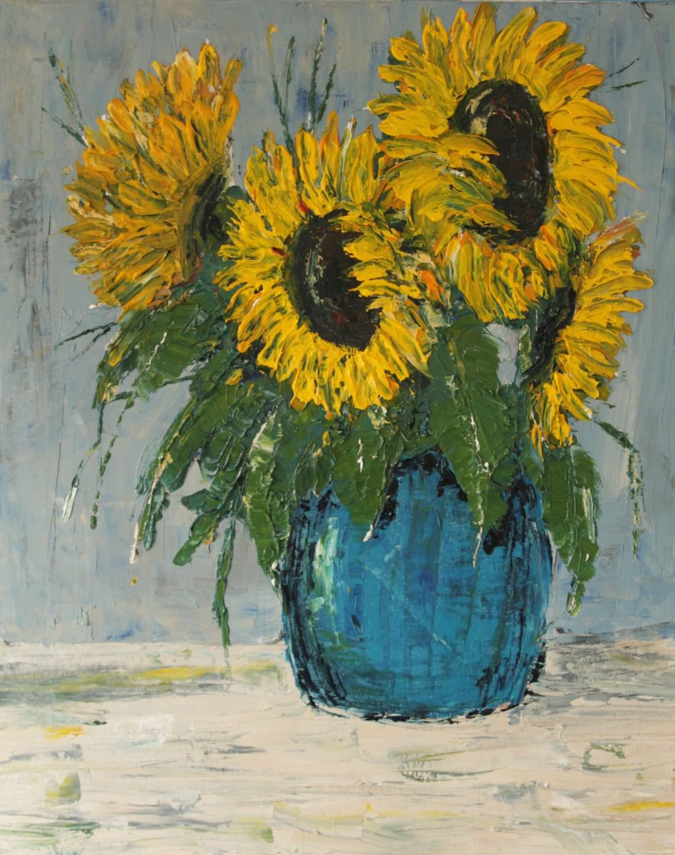 Impressionistic Botanical Oil Painting By John Halliday, 16 X 20, Sunflowers In Blue Pot., Original Artwork