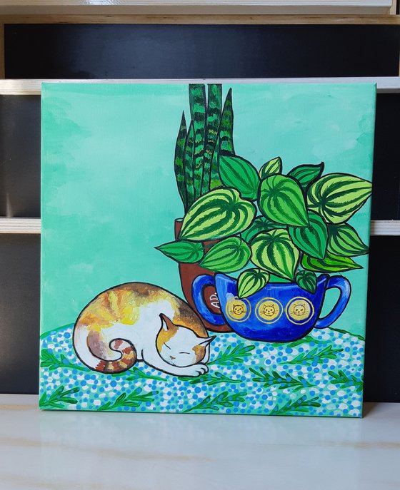 "Sleeping kitty" Maximalist Modern Matisse-Inspired Original Painting