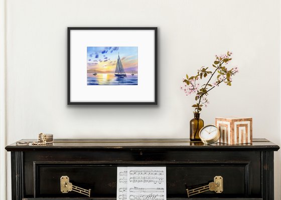 Sailboat at sunset original watercolor painting with boat in water ...