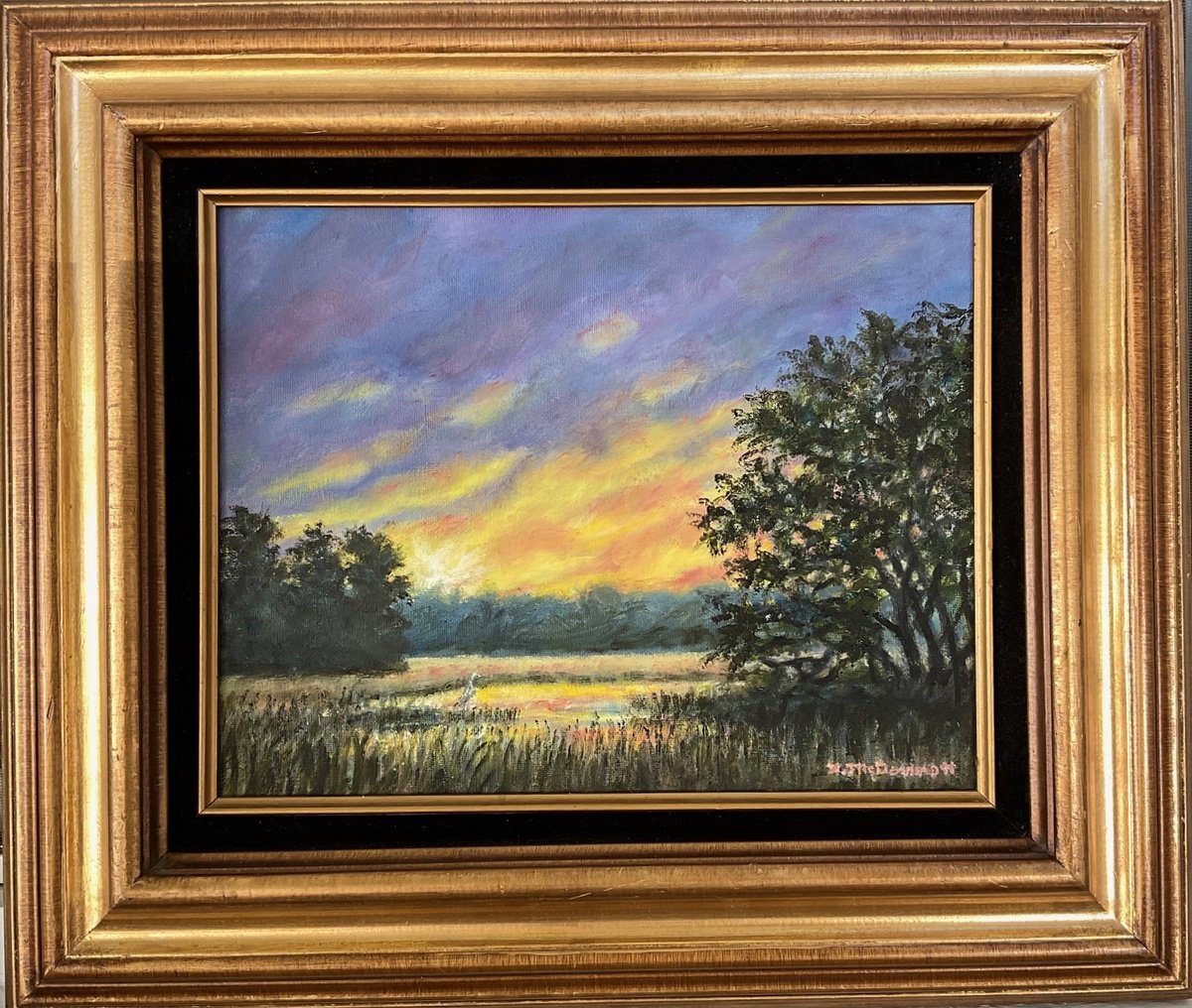 Impressionistic Landscape Oil Painting By Kathleen Mcdermott, 21 X 18", Marsh Nightfall, Original Artwork
