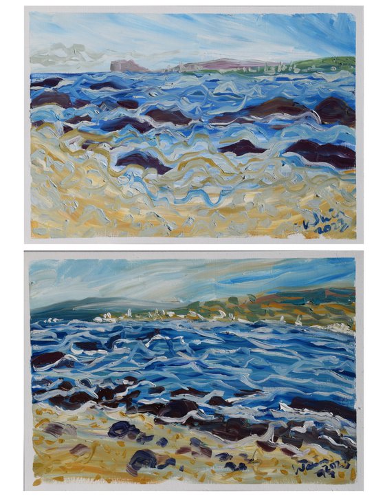 Secluded beach - Set of 2 paintings - Playa de Cala Sardina, Manilva