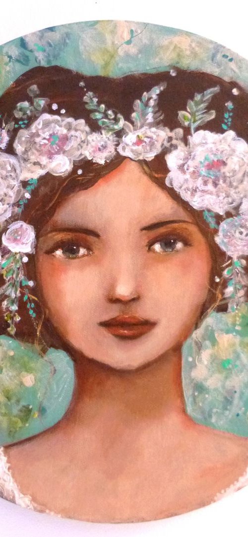 "In the sweet spring"  acrylic on round canvas 30cm by Loetitia Pillault