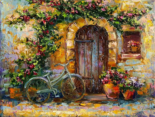 Painting oil " Cozy patio " original impasto artwork by Anastasia Kozorez